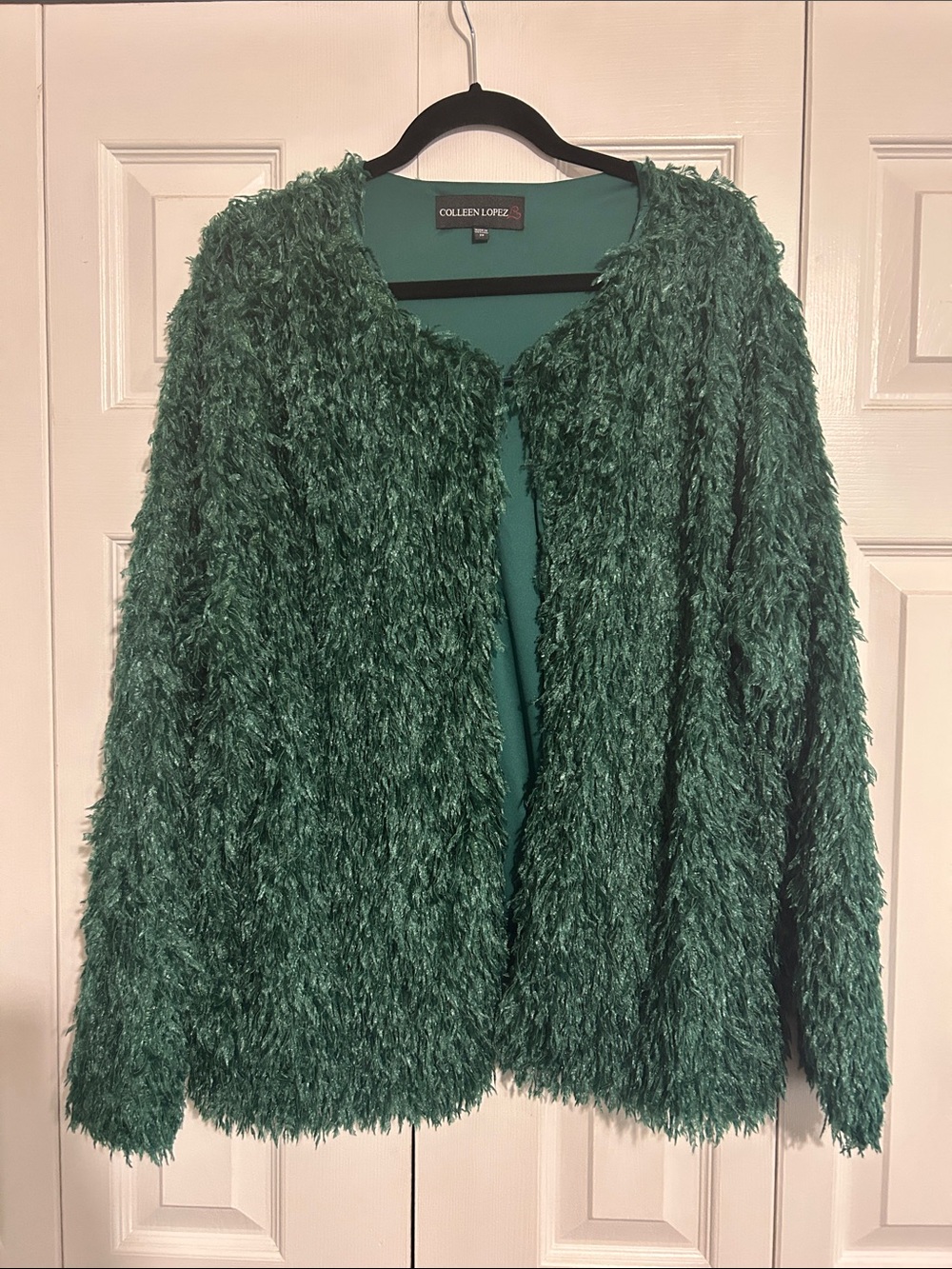 Colleen Lopez Emerald Green Fuzzy Open Cardigan